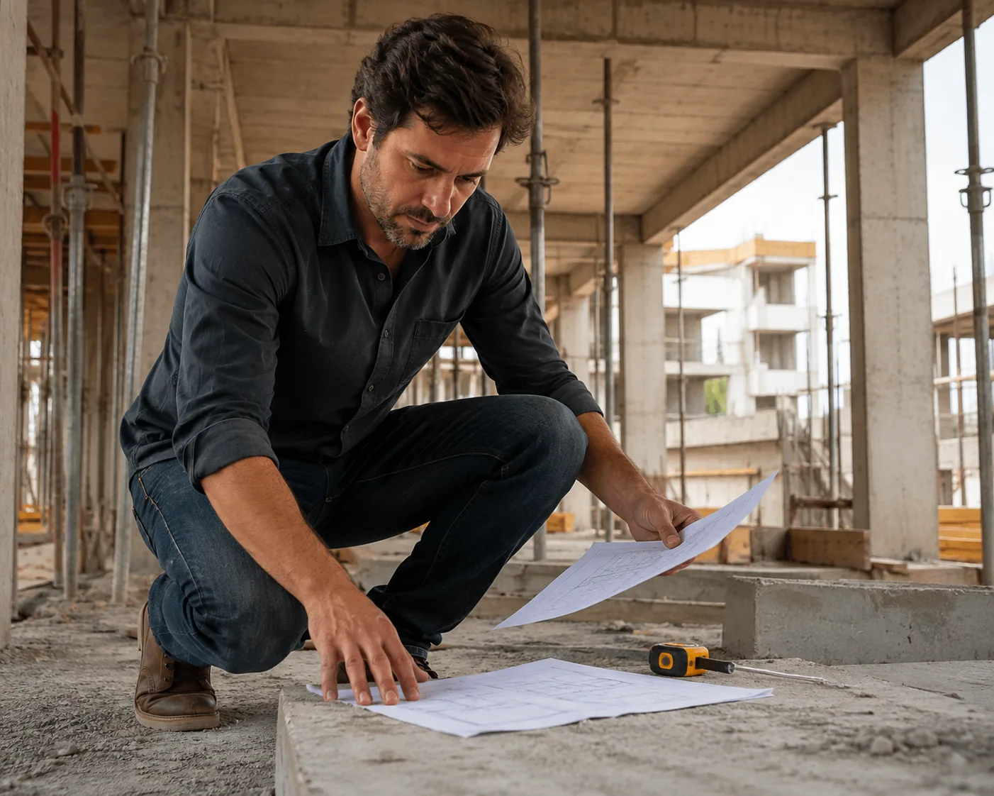 El profesional, en cuclillas sobre una losa de hormigón, compara los planos con lo construido; a su lado, una cinta métrica